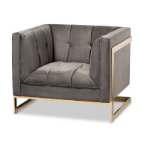 Baxton Studio TSF-5507-Grey/Gold-CC Ambra Glam and Luxe Grey Velvet Fabric Upholstered and Button Tufted Armchair with Gold-Tone Frame